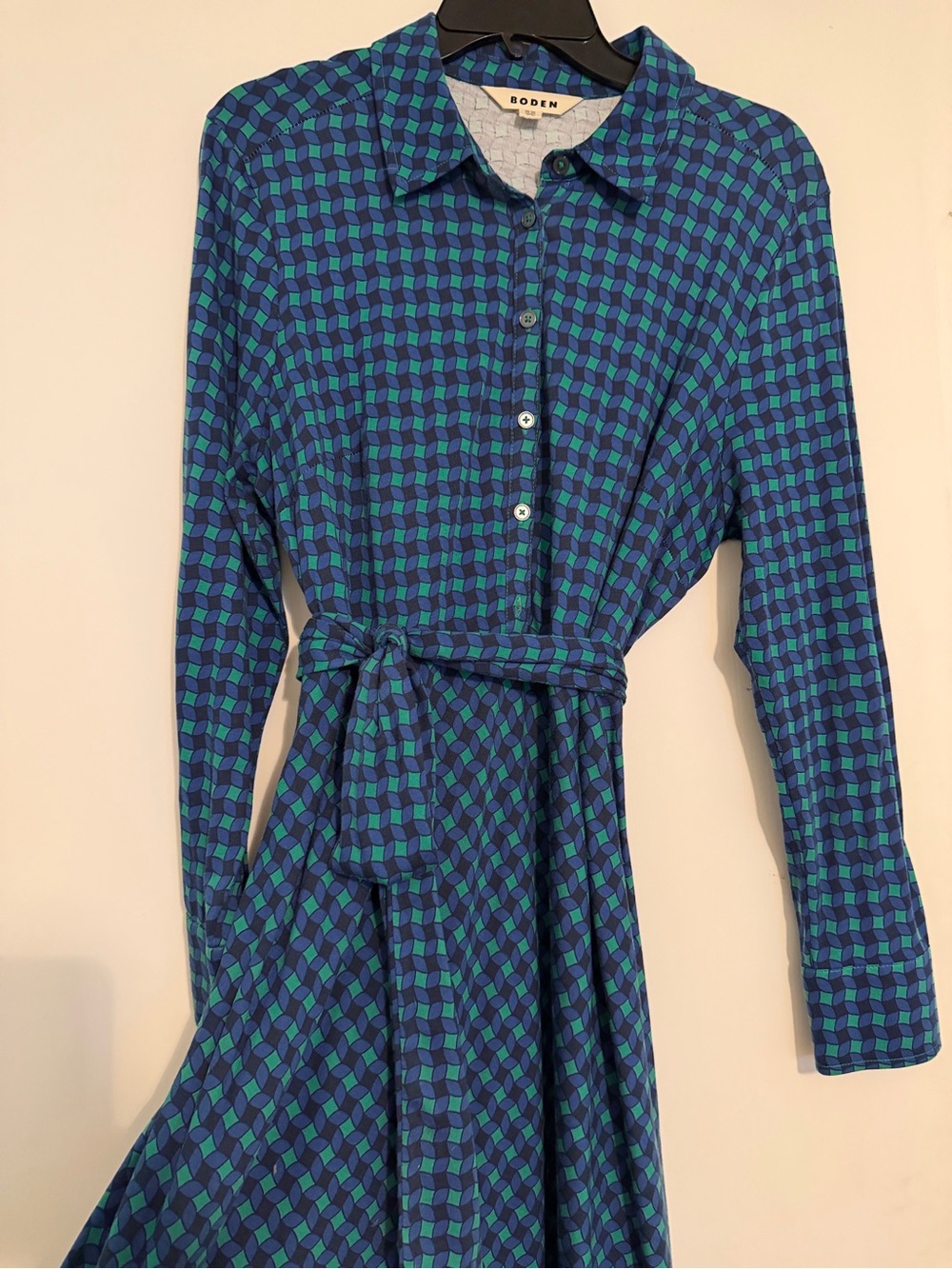 Boden Blue & Teal Geometric Long-Sleeve Shirt Dress with Tie Waist